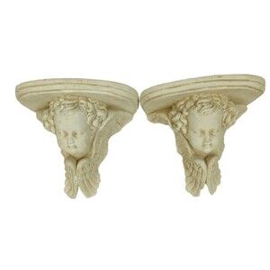 Vintage Gothic Chalkware Renaissance Angels Cherubim Cupid Pair of Wall Shelves